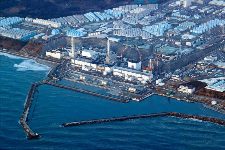 An aerial view of an industrial-looking nuclear power plant on a blue shoreline.