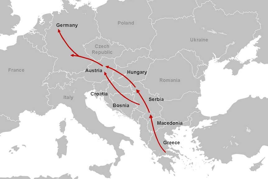 A map of the Balkan trail from Greece to northern Europe