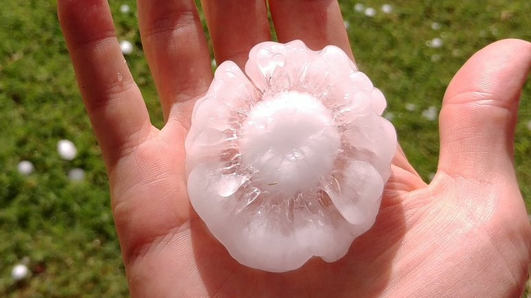 A piece of hail that looks like an upside-down cauliflower sits in the palm of a hand