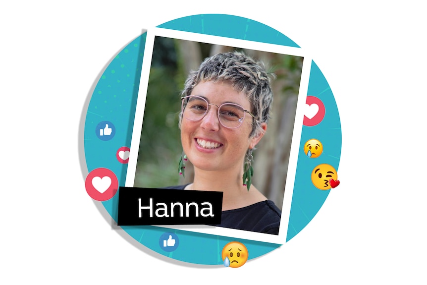 A profile picture of a short-haired woman with glasses in a white border with Hanna underneath, on a background of love emojis