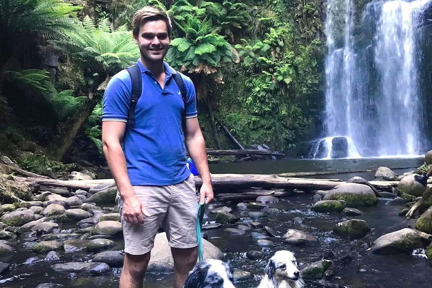 A man standing with two dogs on leashes in front of a tropical waterfall