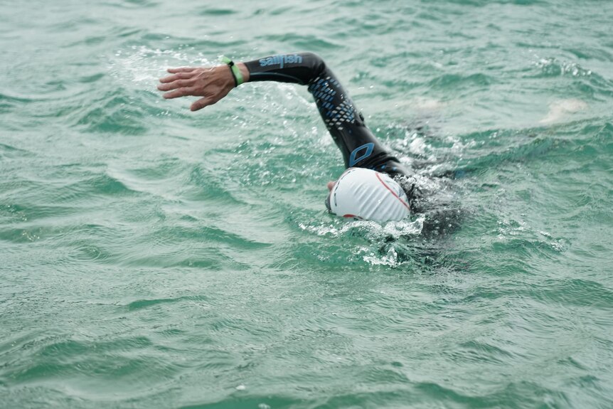 Closeup Of A Triathlete Swimming In The Cold Water At The, 46% OFF