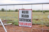 A gate with a sign attached saying "Wild Dog Exclusion Cluster Fencing, Please Close the Gate".