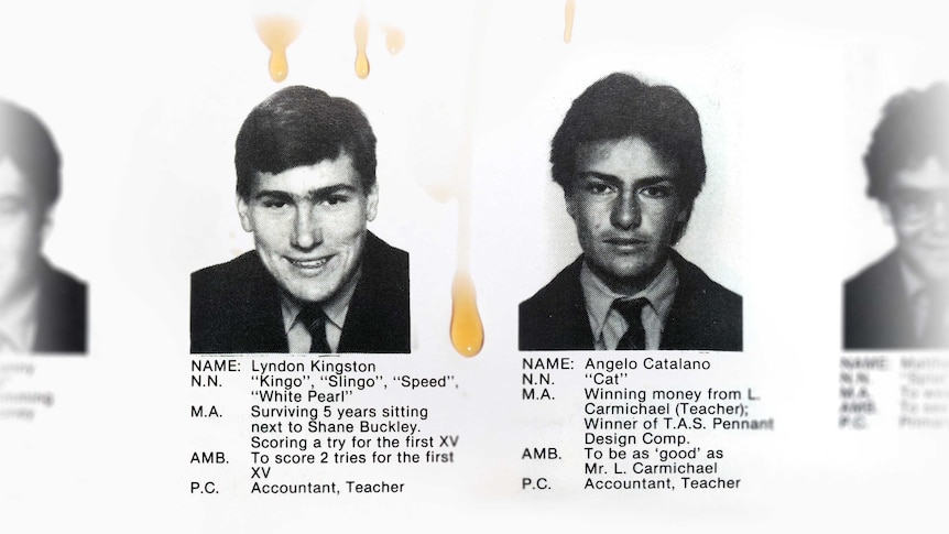 Lyndon Kingston and Angelo Catalano in their 1985 yearbook. Image has been digitally altered to add drops of whisky.