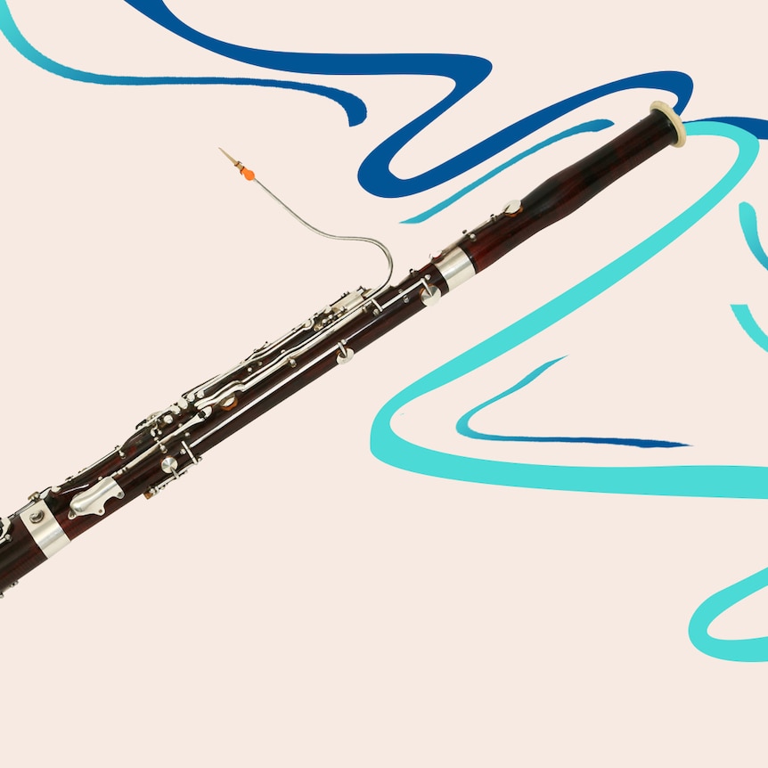 A bassoon diagonally across a beige background, with blue ribbons suggesting sound and movement. 