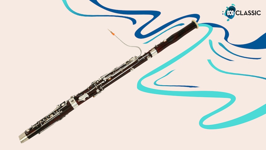 A bassoon diagonally across a beige background, with blue ribbons suggesting sound and movement. 