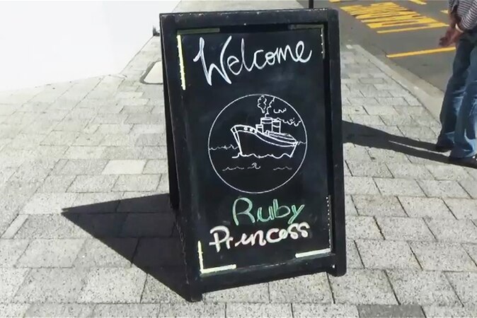 Welcome sign in New Zealand for passengers of the Ruby Princess.