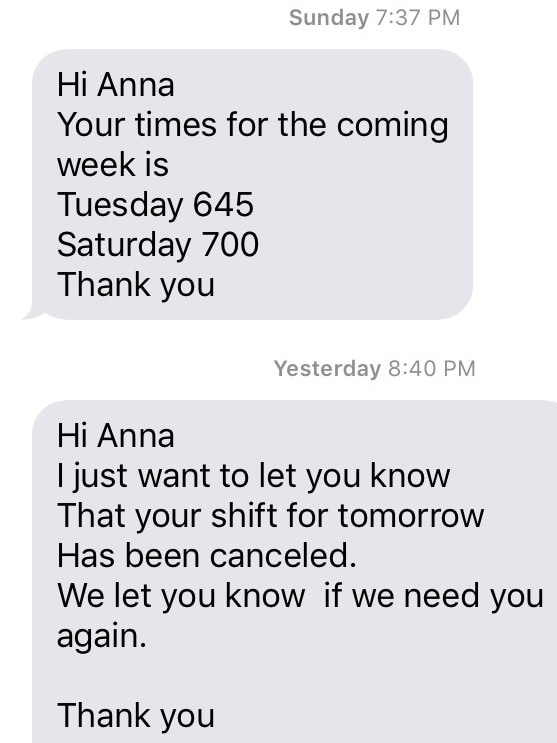 A text message conversation between Anna Langford and her employer, saying she no longer had shifts at Barry cafe.