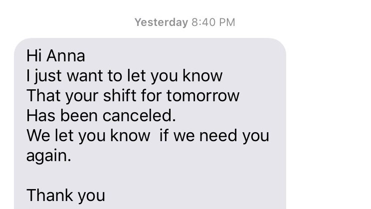 A text message conversation between Anna Langford and her employer, saying she no longer had shifts at Barry cafe.