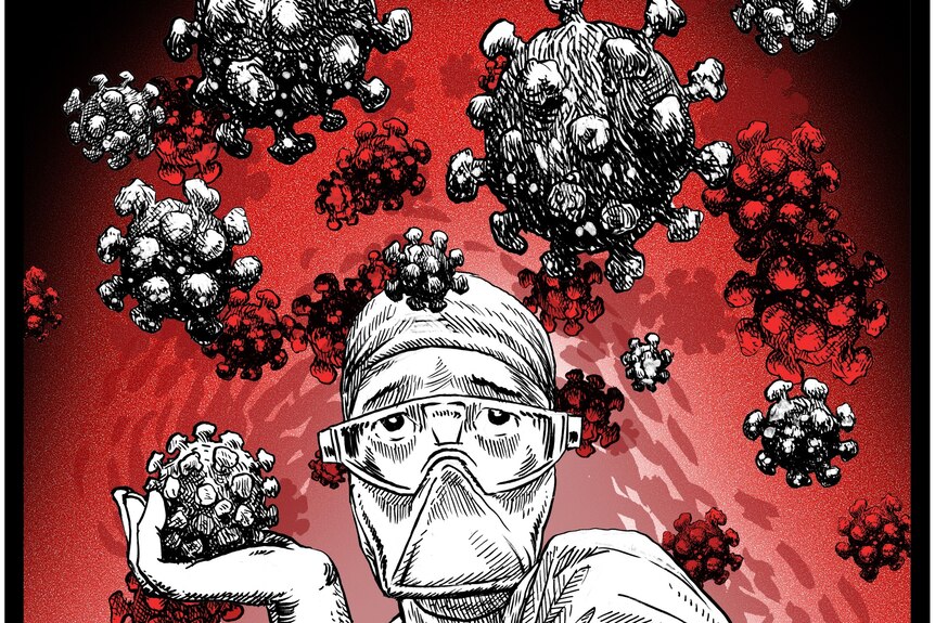 An illustration of a doctor in PPE surrounded by giant viruses