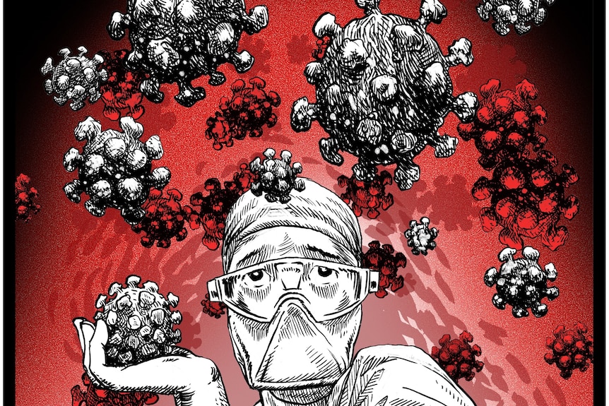 An illustration of a doctor in PPE surrounded by giant viruses