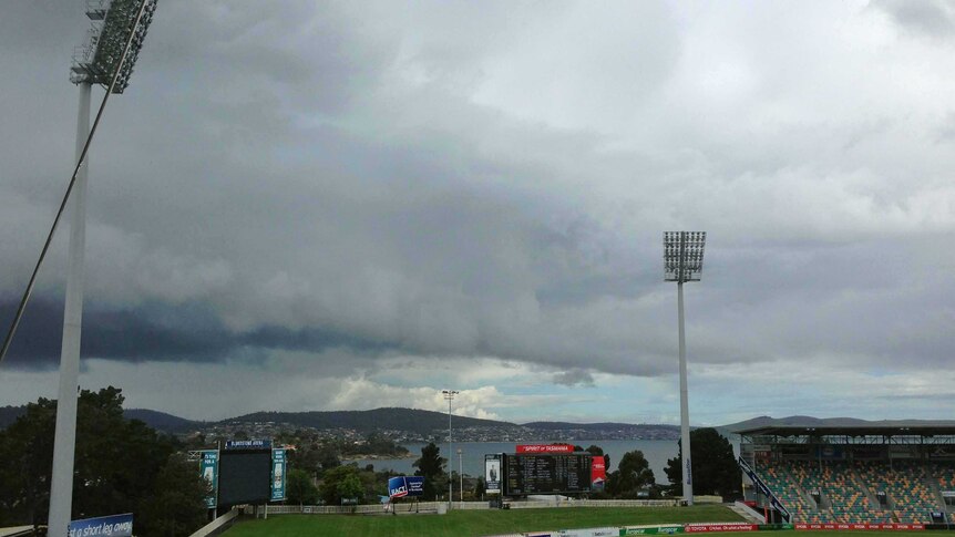 Clouds over Bellerive Oval as a storm delays the Shield match between Tas and Queensland