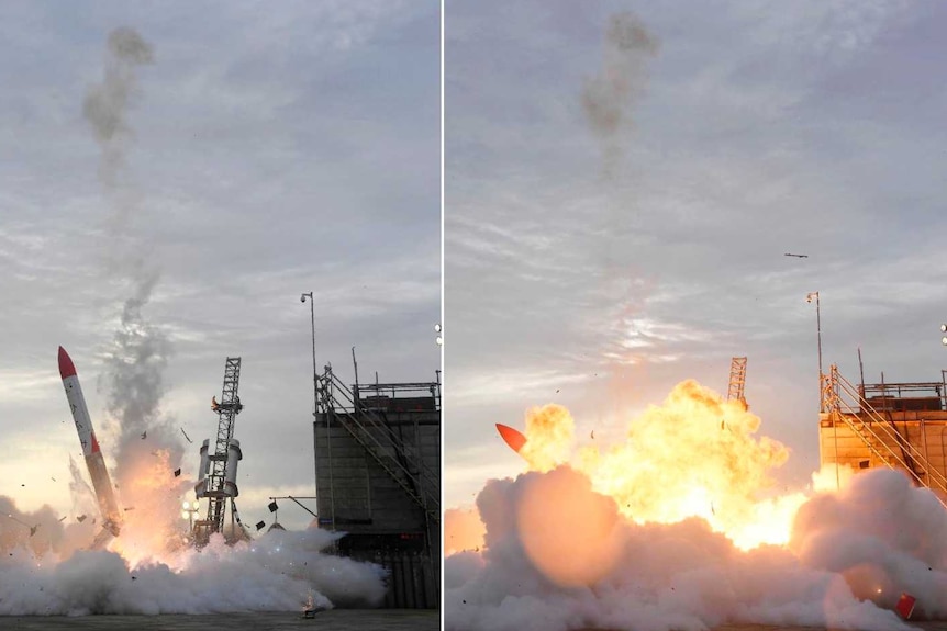 A combination of photos shows the launch of a Japan's privately developed rocket, MOMO-2.