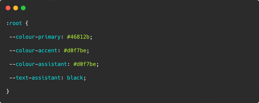 A CSS code sample showing how colour variables can be used in application CSS