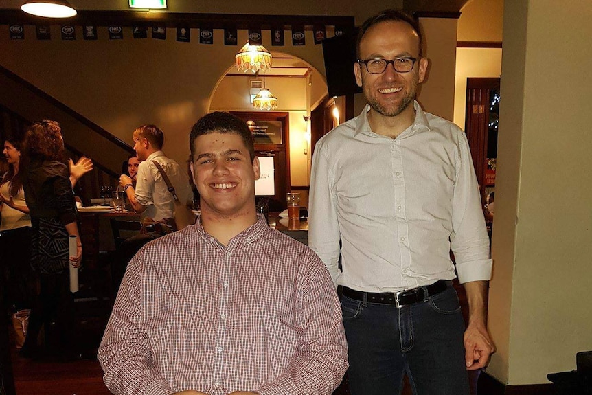 Jordon Steele-John with Adam Bandt at a pub