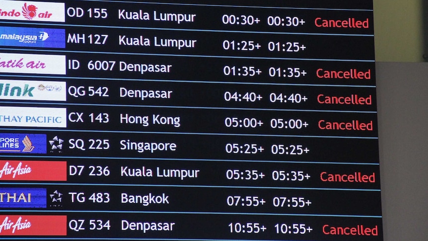 The arrivals board at Perth International Airport displaying a large number of cancelled flights.