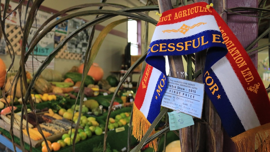 A champion show ribbon pinned to stalks of cane with a fruit and vegetable display in the background.