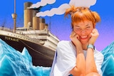 A designed image of Chloe Hayden smiling, imposed onto a drawing of the Titanic, which is behind an iceberg.