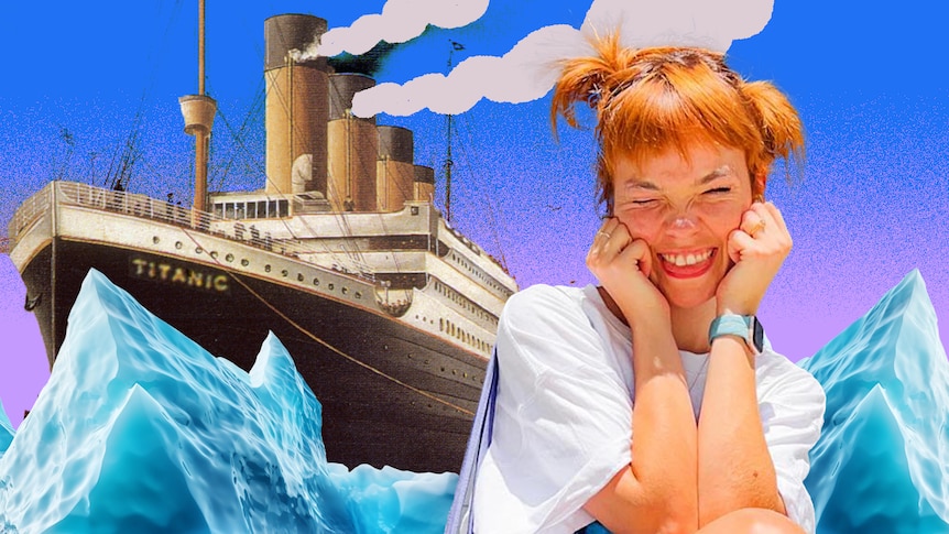 A designed image of Chloe Hayden smiling, imposed onto a drawing of the Titanic, which is behind an iceberg.