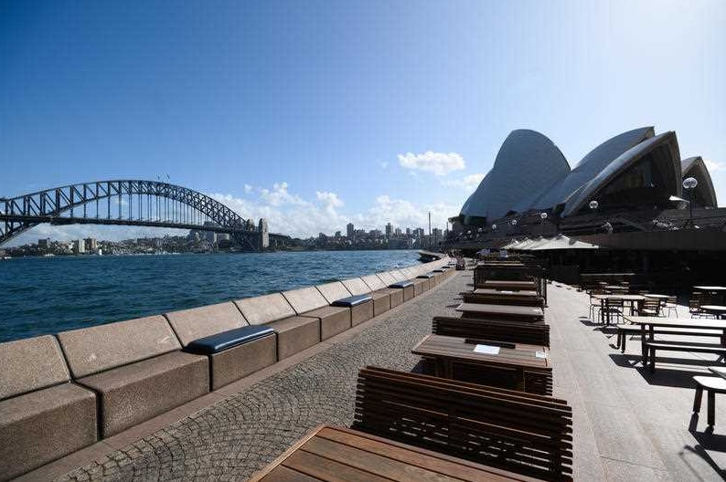 Empty tables at a bar in front of the Opera House.