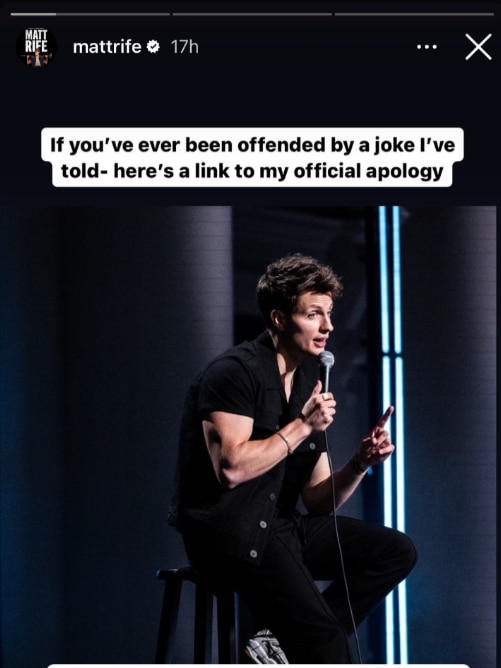 Screenshot of Matt Rife's Instagram story of Rife on-stage, with text promising an 'official apology'.