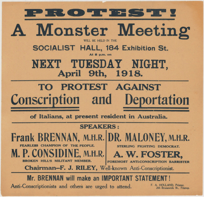 A poster advertising an anti-conscription protest in 1918.