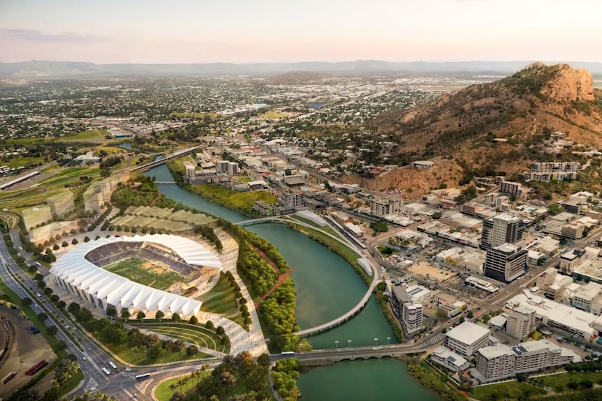 Aerial view of concept design of Townsville's new north Queensland stadium, released in December 2016