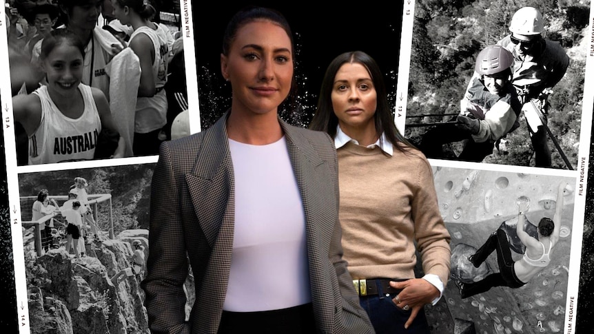 Two women stand in front of black-and-white photos of rock climbing.