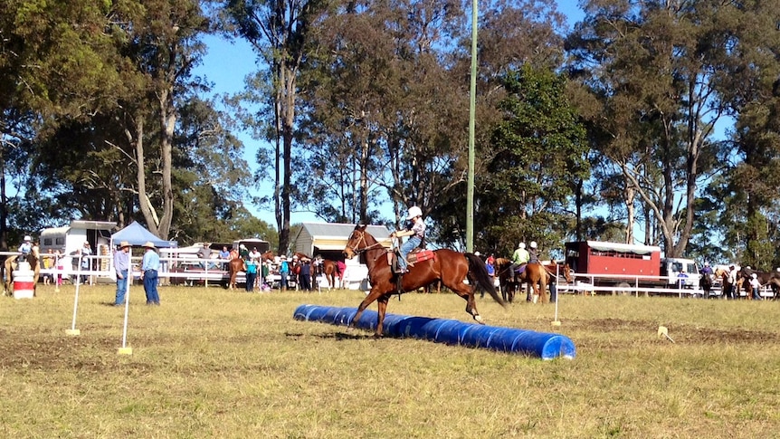 A young boy on a horse jumps over barrels during the bonfield bounce sporting event.