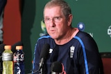 England coach Trevor Bayliss talks to the media