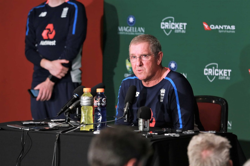 England coach Trevor Bayliss talks to the media