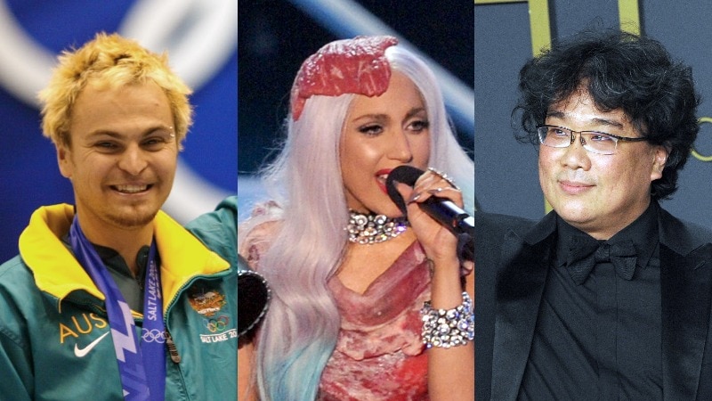 Steven Bradbury winning a gold medal, Lady Gaga wearing a meat dress and Bong Joon Ho at the Oscars.