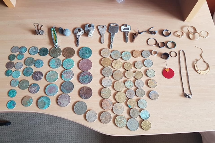 A selection of items, including coins and earrings, found by amateur detectorist Murray Beattie after Cyclone Oma