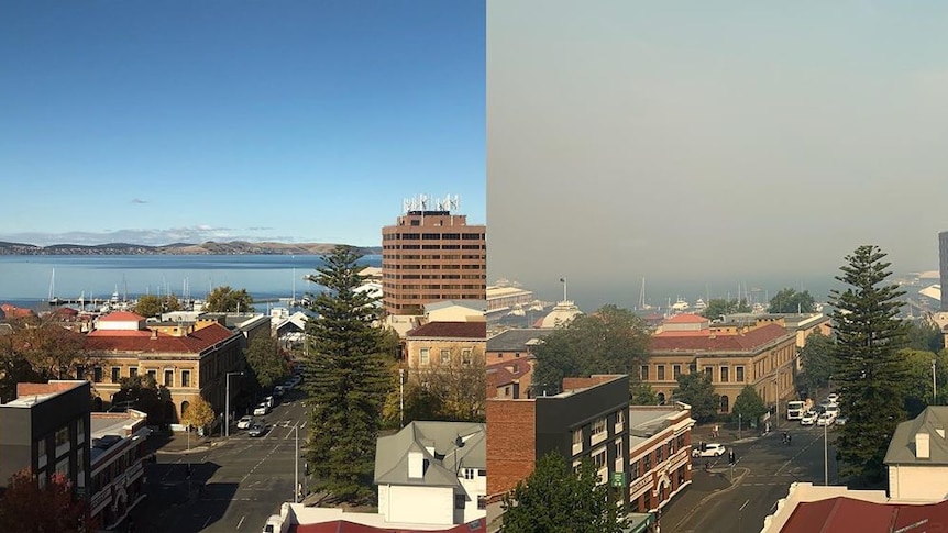 Comparison photos showing Hobart before and after smoke from bushfires.