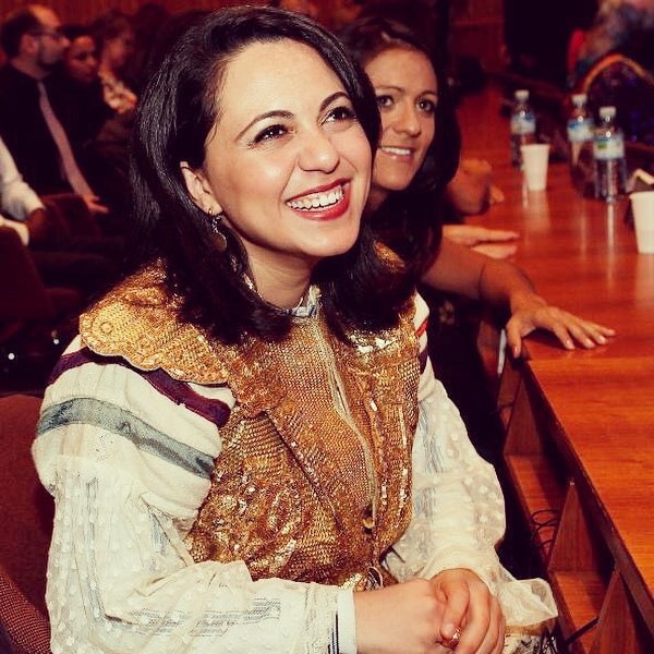 Samia Elfekih in a hand-sewn traditional dress, with real gold, belonging to her grandmother.
