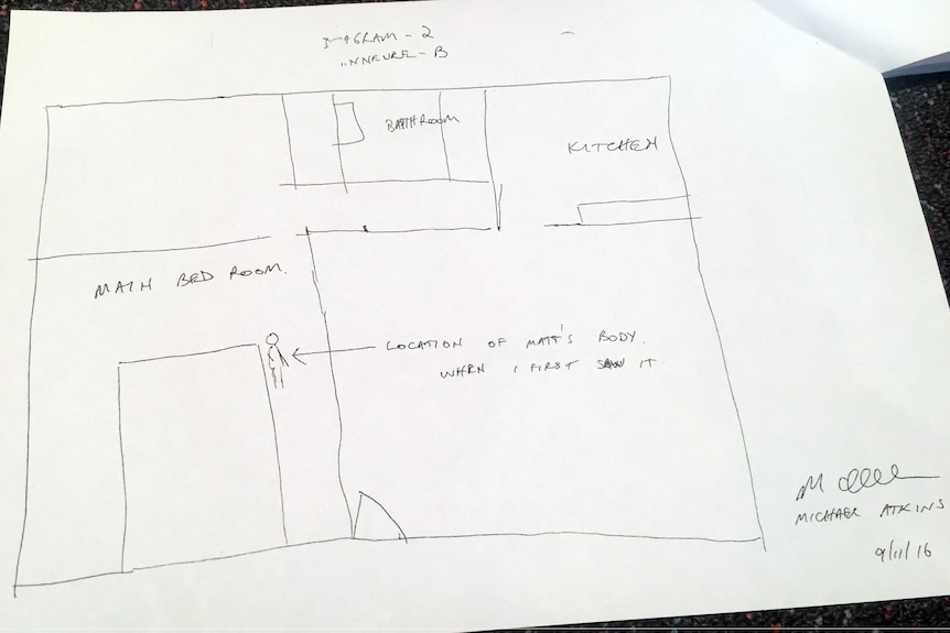 A diagram drawn in pen on white paper of the location of Matthew Leveson's body.
