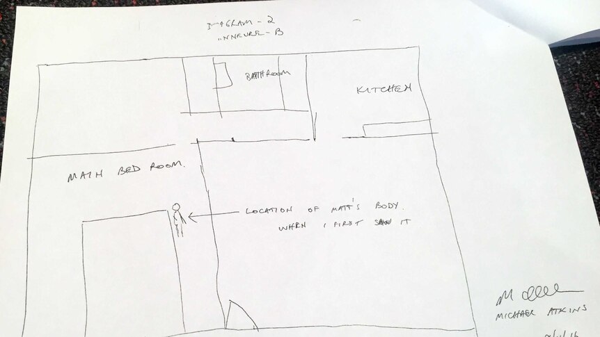 A diagram drawn in pen on white paper of the location of Matthew Leveson's body.