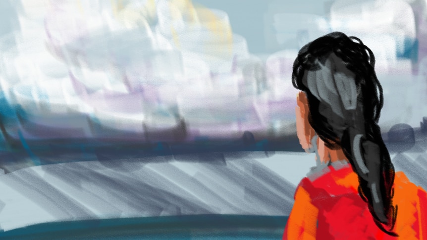 drawing of a lady looking out onto storm clouds forming out to sea