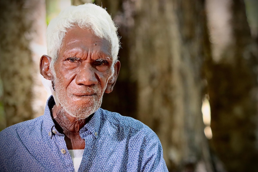 An old Aboriginal man sits among bushland