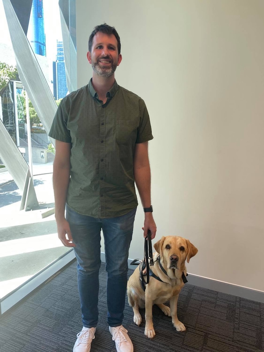 A tall man in a shirt and jeans with a labrador in a harness.