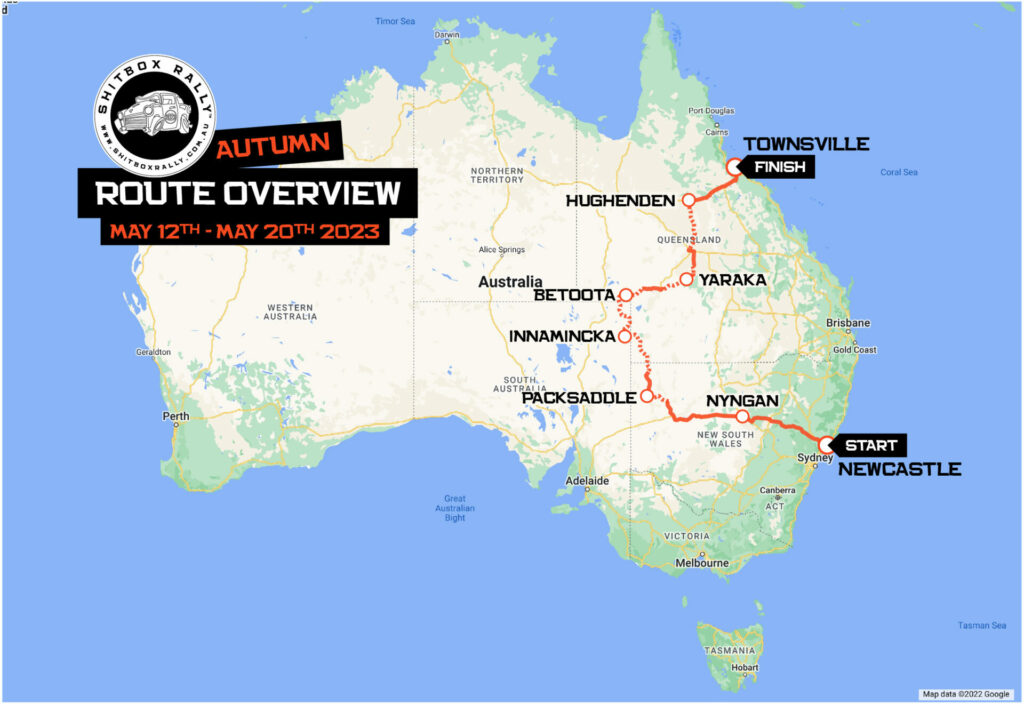 An image of Australia with an orange line started at Newcastle, to Betoota near the QLD border ending at Townsville. 