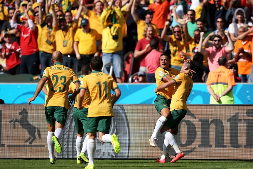 Cahill celebrates goal against the Netherlands
