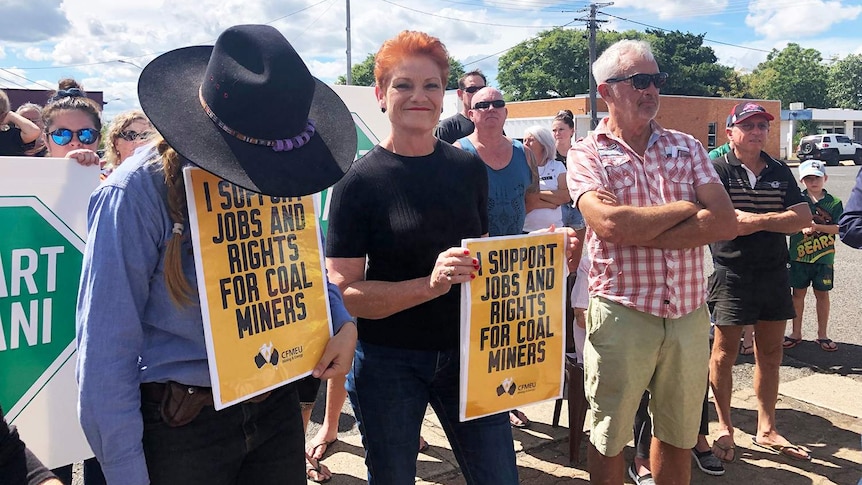 One Nation leader Pauline Hanson with Clermont locals, who support Adani's Carmichael coal mine.