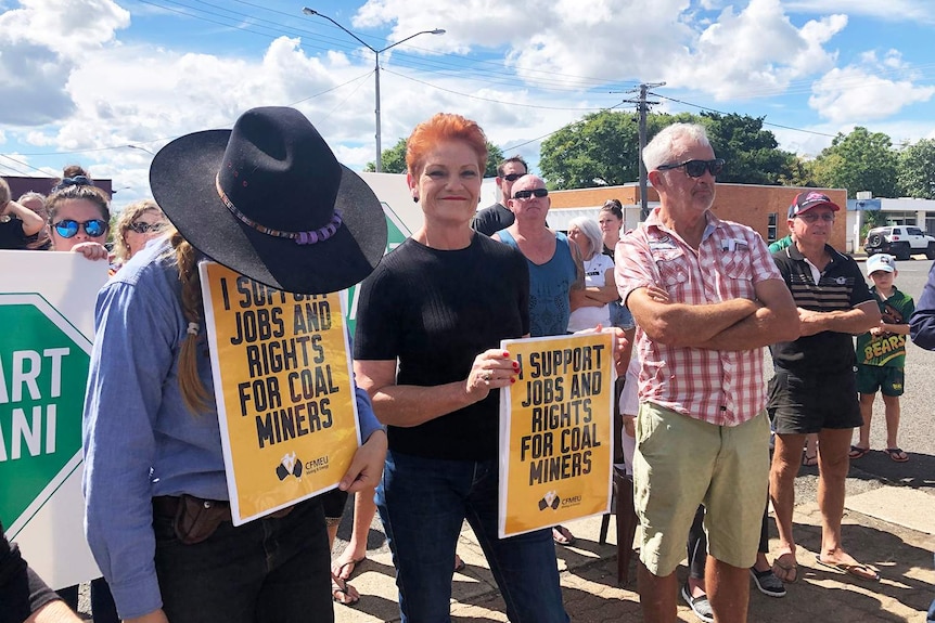 One Nation leader Pauline Hanson with Clermont locals, who support Adani's Carmichael coal mine.