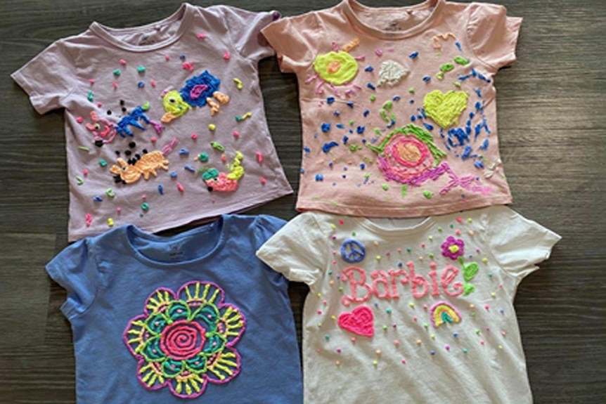 Childrens' t-shirt hand-me-downs made over with puffy paints