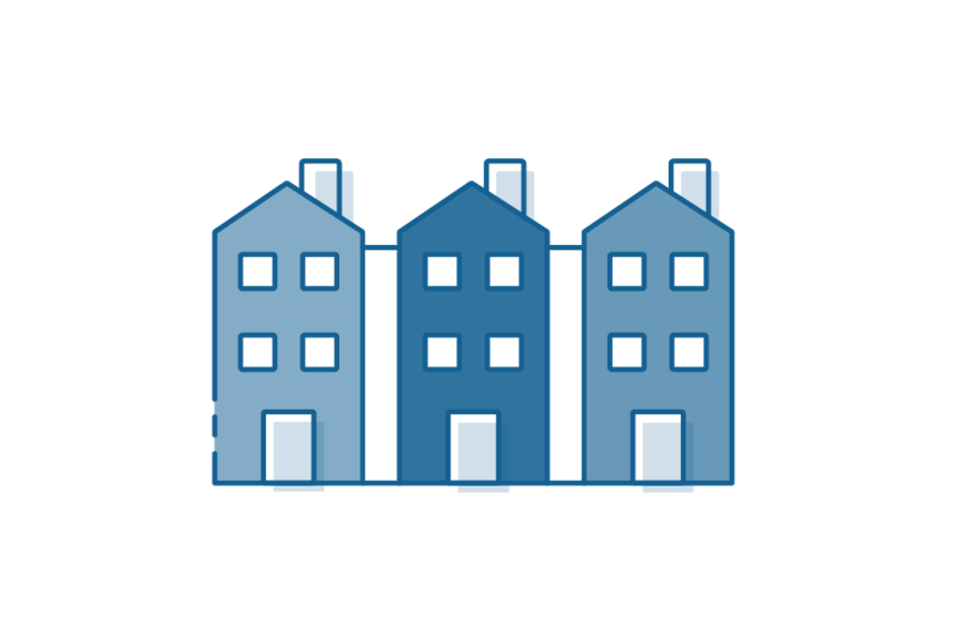 Icon drawing of three multi-story townhouses.