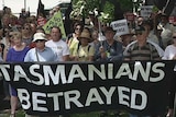 Protesters rally outside Tasmania's Parliament House against pulp mill legislation, January 29 2014.