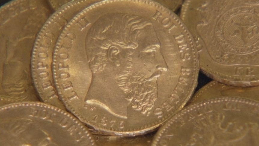 The obverse of this gold coin shows King Leopold II of Belgium