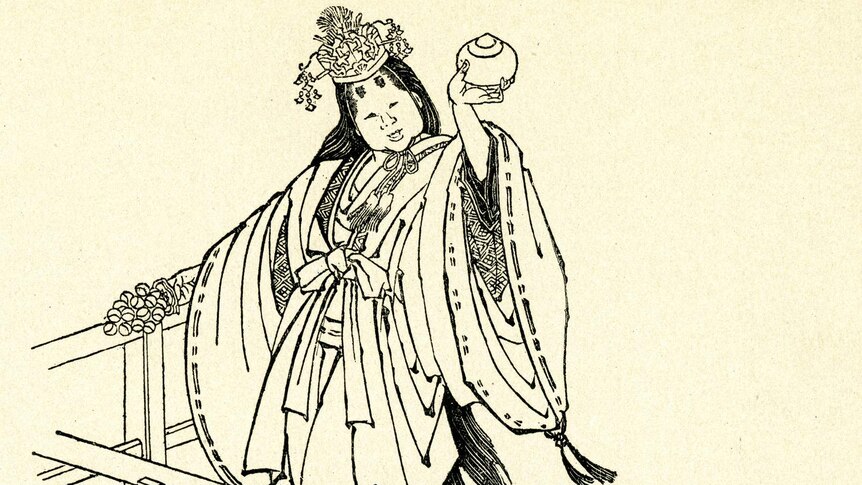 Vintage engraving of Japanese art. Ame-no-Uzume-no-mikoto is the goddess of dawn, mirth and revelry