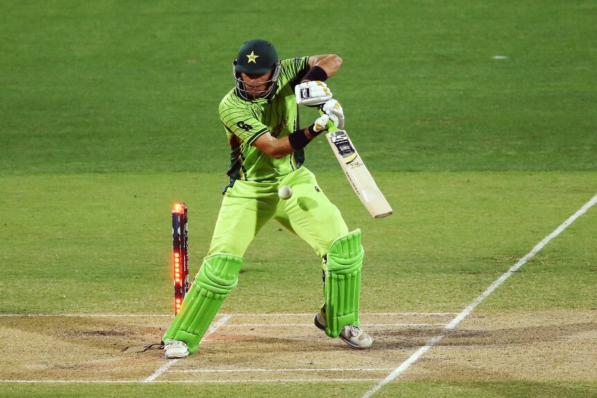 Pakistan's Misbah-ul-Haq steps on his wicket against Ireland at Adelaide Oval on March 15, 2015.